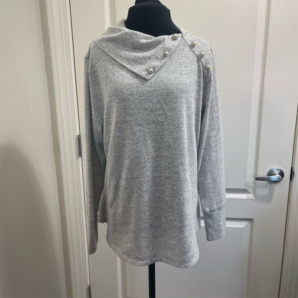 Women's Gray Cowl Neck Sweater L Button Detail Pullover (sku327)